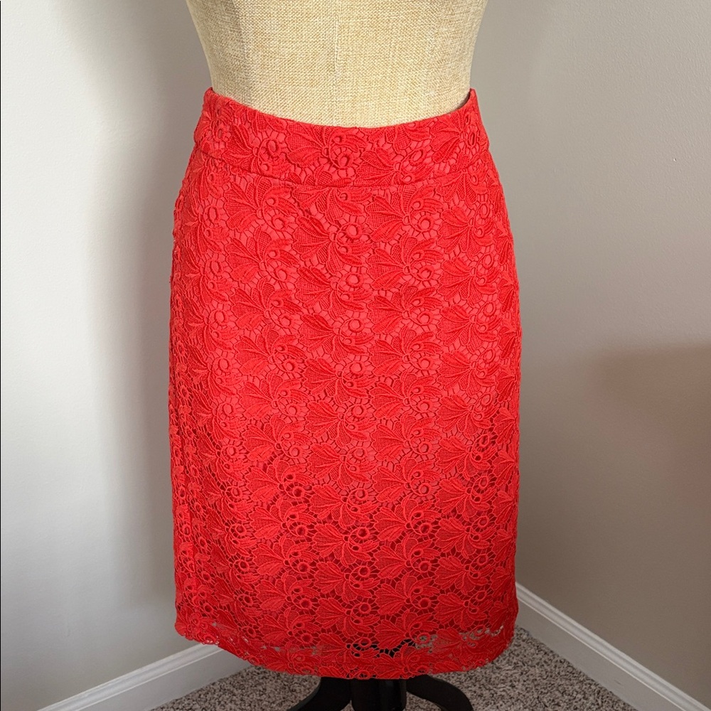 Ann Taylor Vibrant Red Lace Pencil Skirt